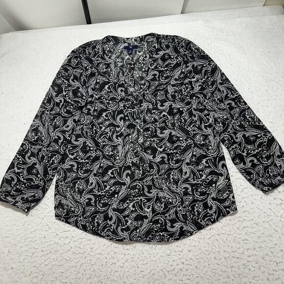 GAP Women's Large Lightweight Sheer Button Up Sheer Blouse Black + White Paisley - Picture 1 of 12